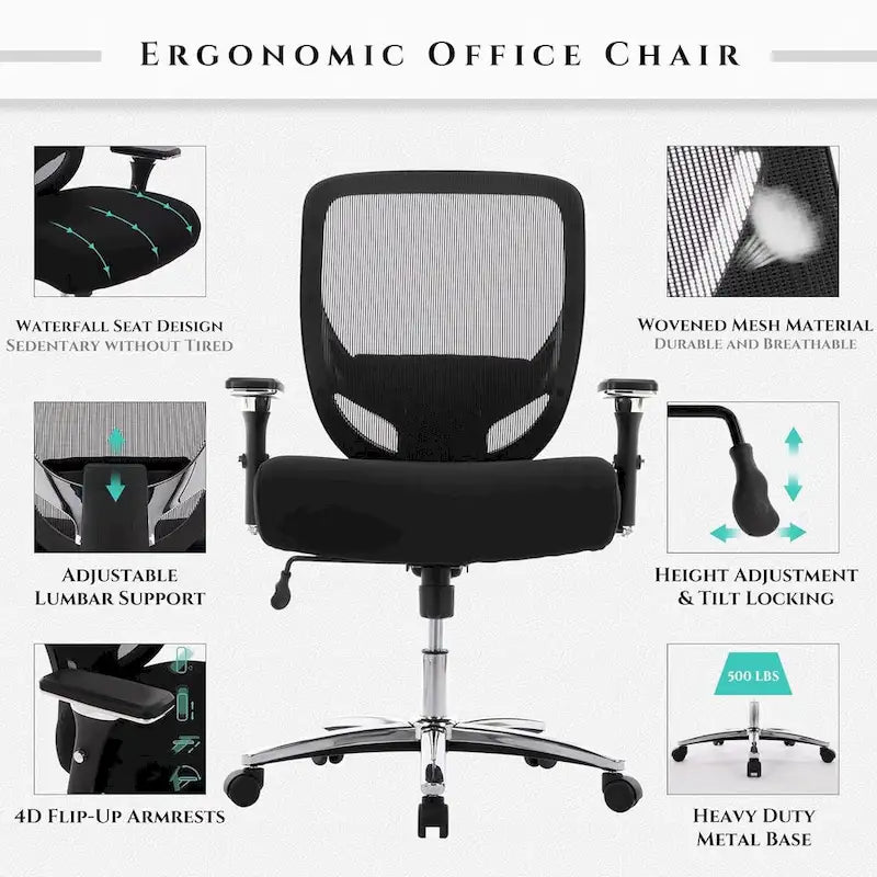 Fauteuil de bureau ergonomique en maille grande taille et extra-robuste, 227 kg, avec siège large et épais